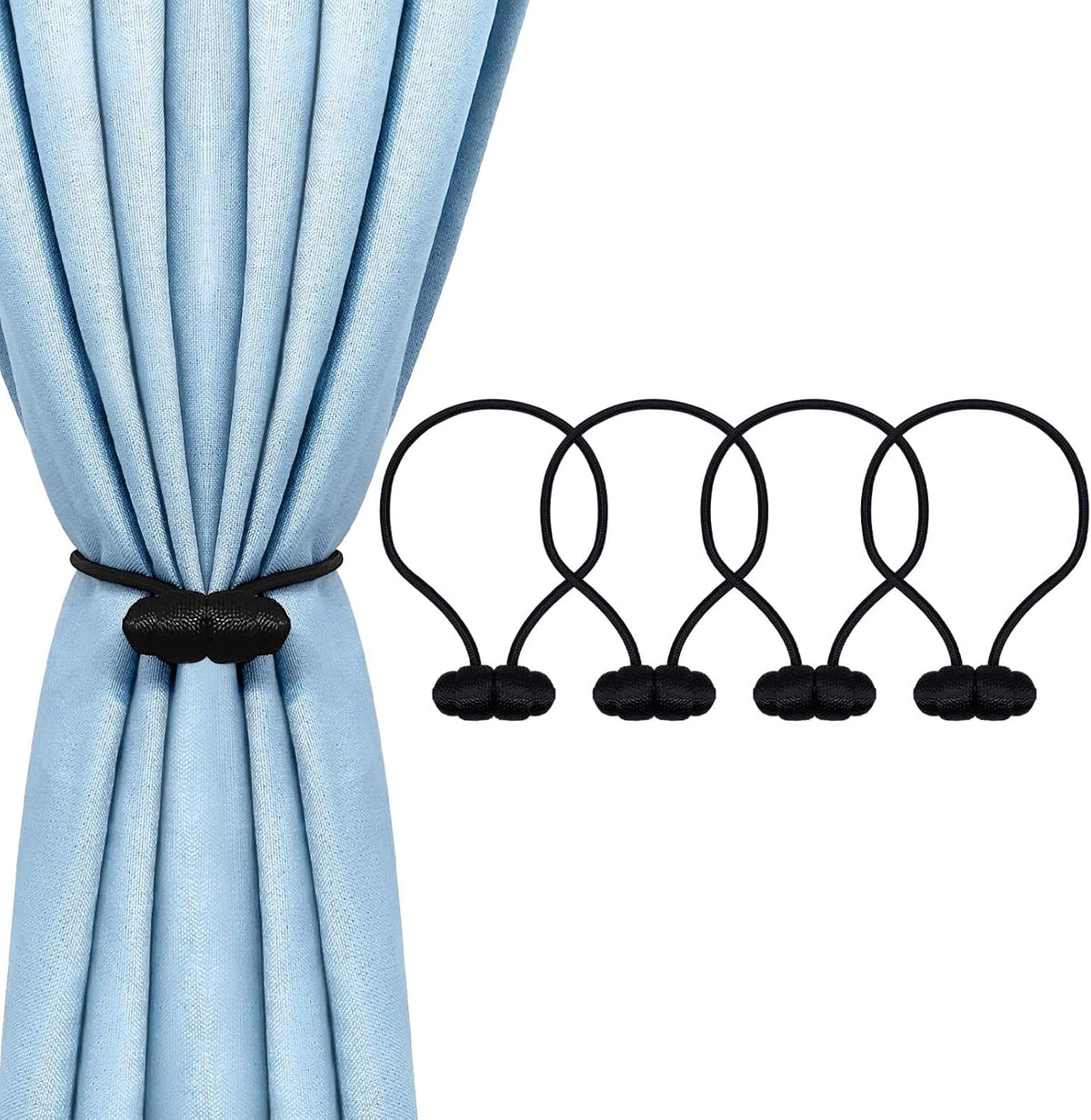 Black Magnetic Curtain Tiebacks - 4pcs Decorative Curtain Tie Backs, No Drill Closure Drapery Tiebacks Holdbacks, Boho Drapes Straps Ropes for Bedroom, Bathroom, Farmhouse Decor