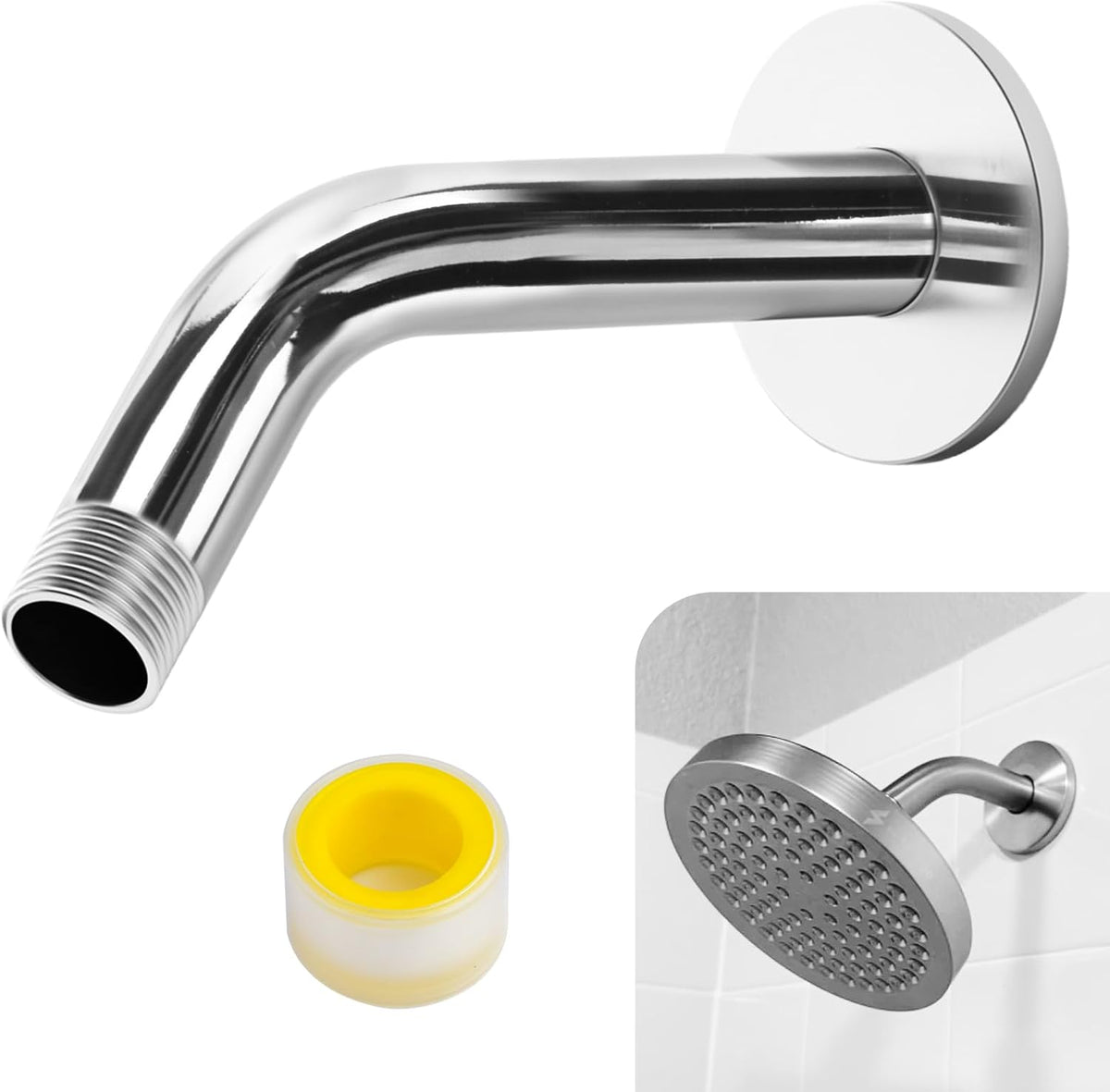 Shower Arm Flange Shower Pipe Arm 6 Inches Shower Head Mount 304 Stainless Steel Shower Handle Replacement Wall Mount Shower Neck for Fixed Shower Head & Handheld Showerhead (Silver)