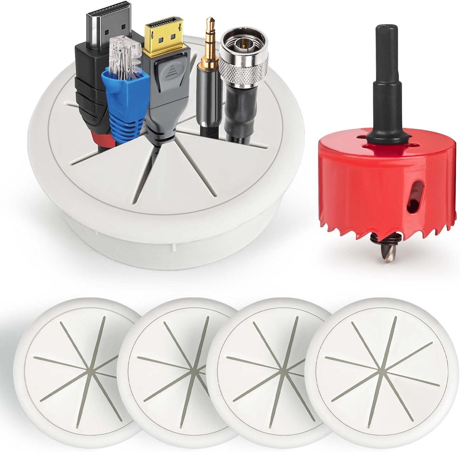 6Pcs TV Cord Hider for Wall Mounted TV 2.36in (60mm) TV Wire Hider Cable Grommet Cable Hole Cover with Hole Saw Drill Attachment, in Wall Cable Management Kit for Office and Home Table Cable
