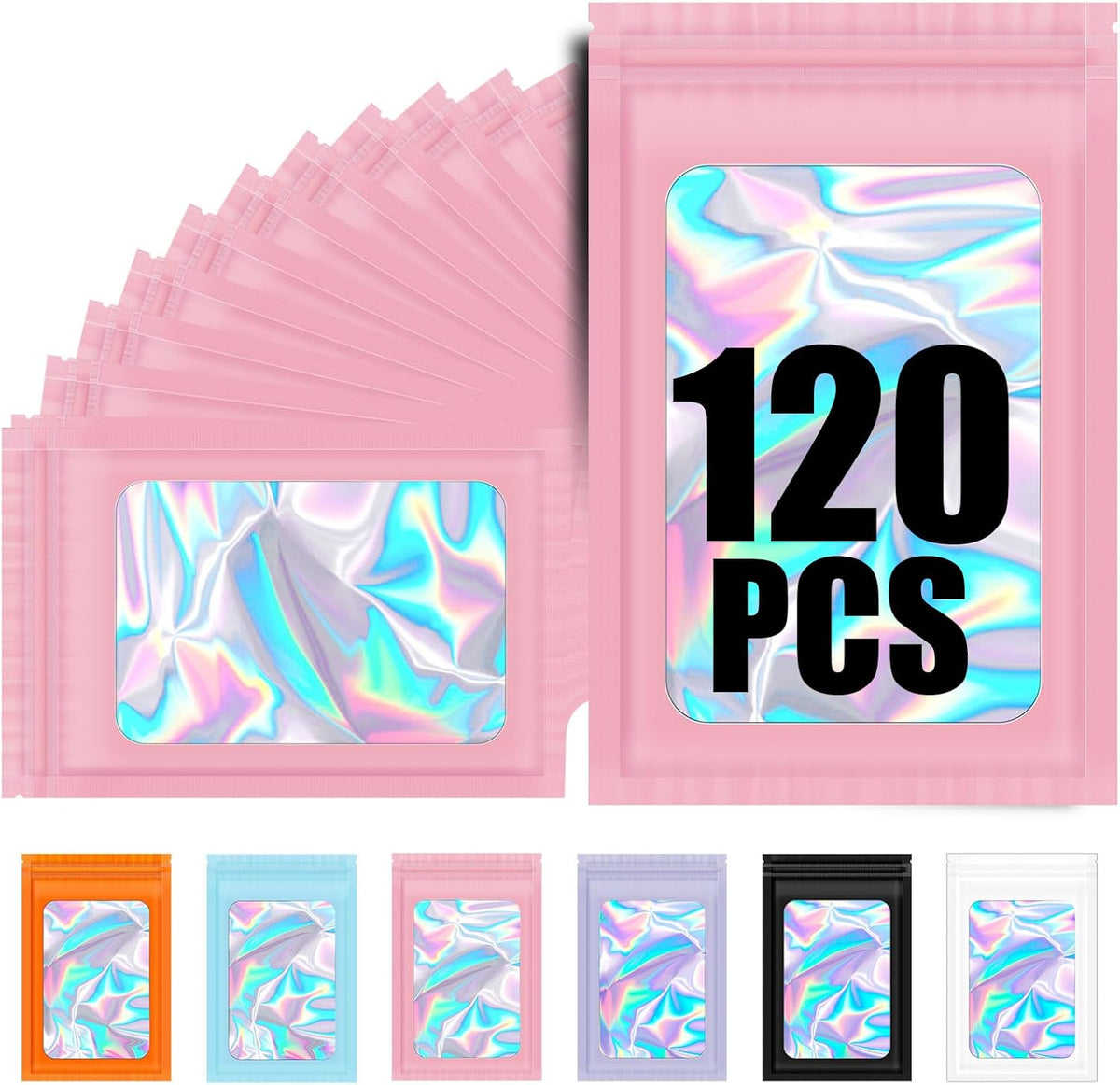120PCS Smell Proof Mylar Bags,4"x6" Resealable Bag for Small Business,Holographic Packaging Bags with Clear Window,Foil Pouch Sample Snack Candy Jewelry Bag for Party Favors(Pink)