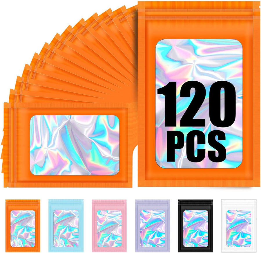120PCS Smell Proof Mylar Bags,7.8"x11.8" Resealable Bag for Small Business,Holographic Packaging Bags with Clear Window,Foil Pouch Sample Snack Candy Jewelry Bag for Party Favors(Orange)