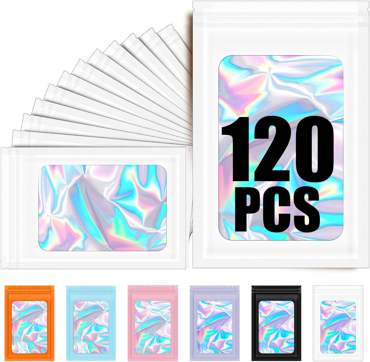 120PCS Smell Proof Mylar Bags,7.8"x11.8" Resealable Bag for Small Business,Holographic Packaging Bags with Clear Window,Foil Pouch Sample Snack Candy Jewelry Bag for Party Favors(White)