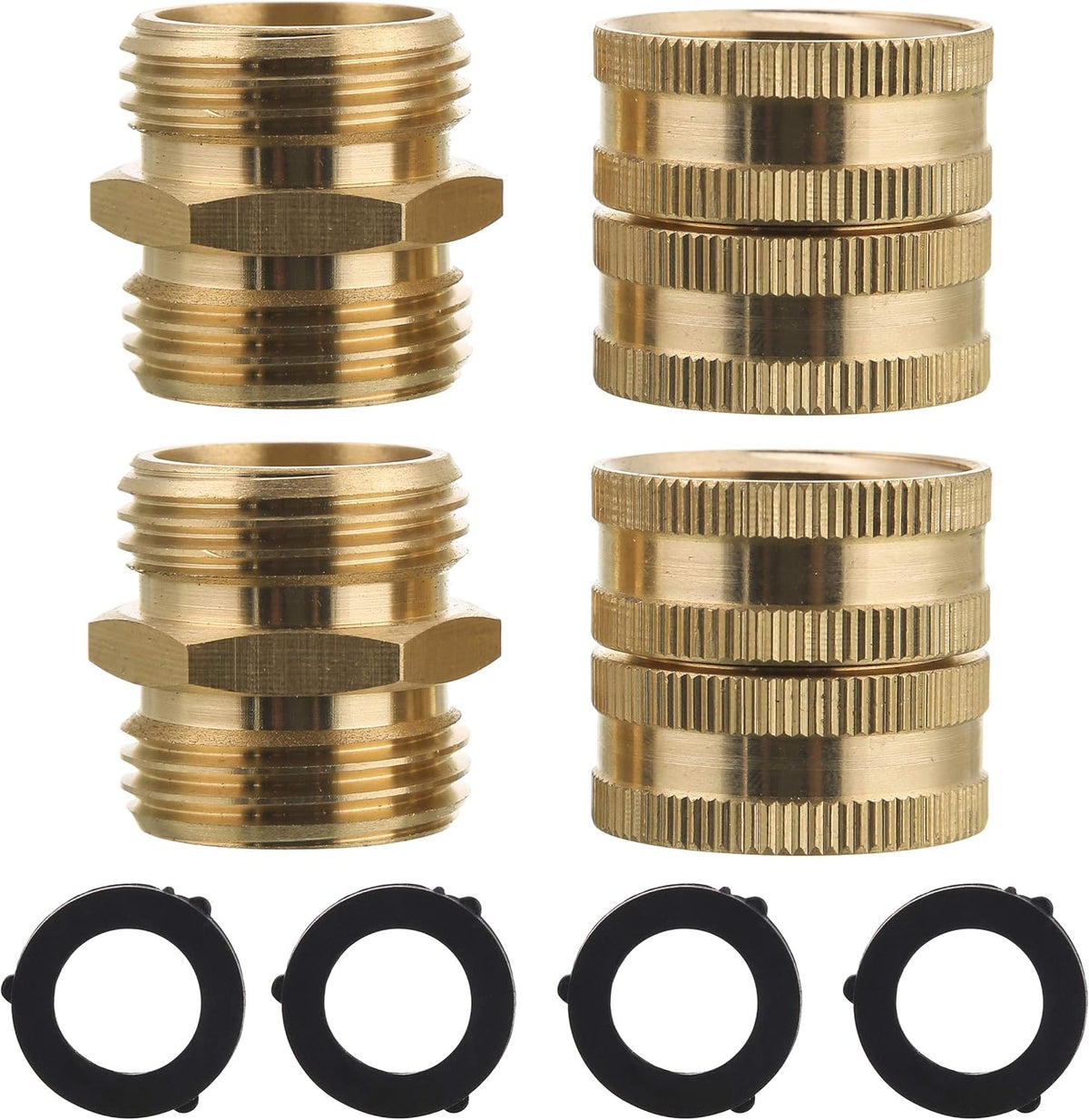 Garden Hose Adapter, Male to Male, Female to Female, 3/4 Inch Brass Connector, 4-Pack with Extra 4 Washers