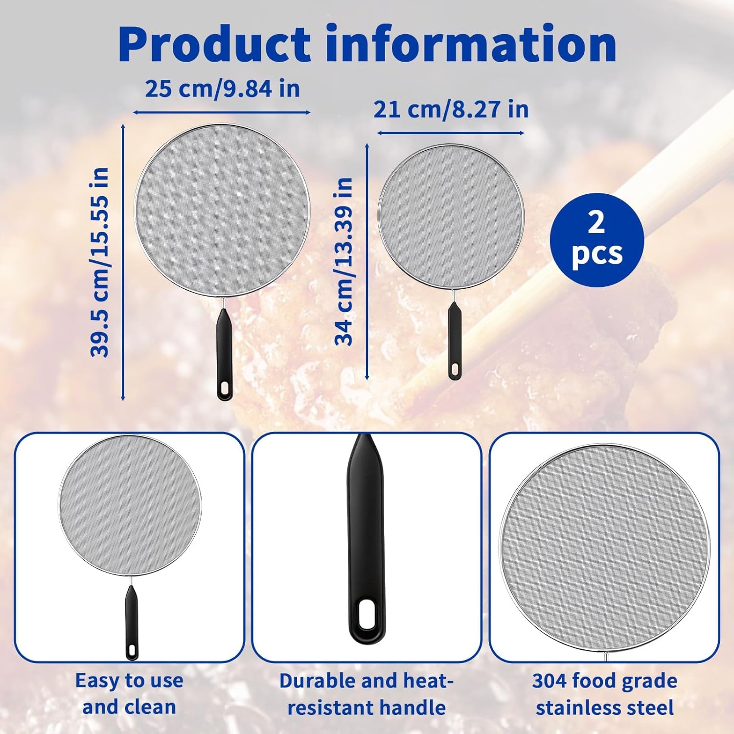2-Pack Splatter Screen for Frying Pan - 8'' 10'' Stainless Steel Grease Splatter Guard - Cover Oil Splash when Sizzling Bacon - Fine Mesh Cover, Splatter Screen for Frying Pan, Cooking Pots