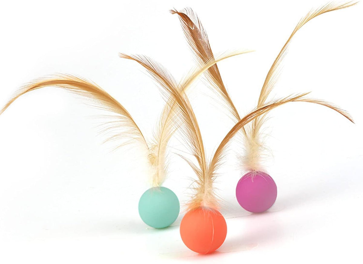Cat Toy Bouncy Ball with Feathers Interactive Play Ball for Kittens & Adult Cats Pack of 3