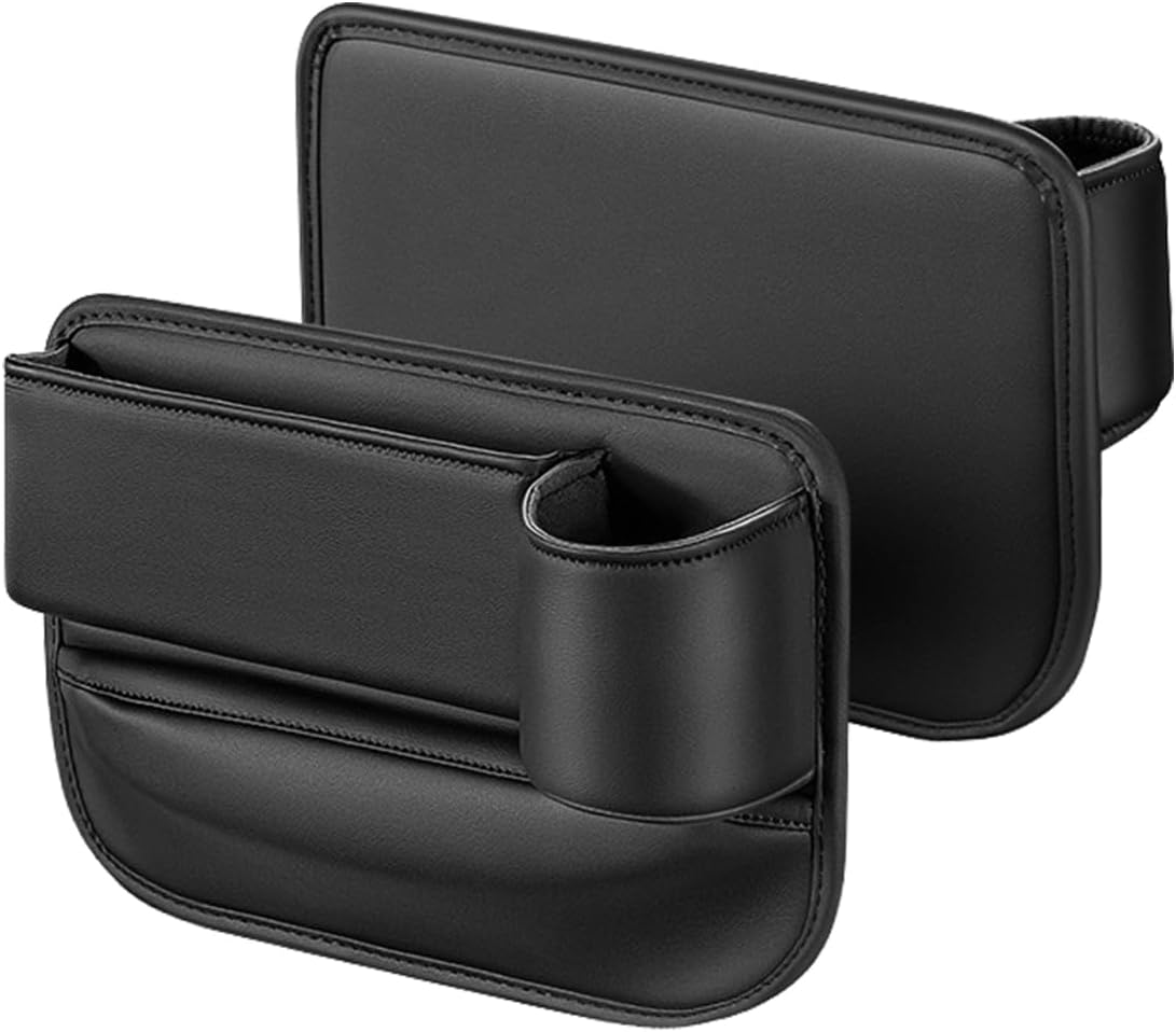 Car Seat Organizer with Cup Holder - Storage Compartment Between Seats - Seat Filler - PU Leather - Black - Set of 1
