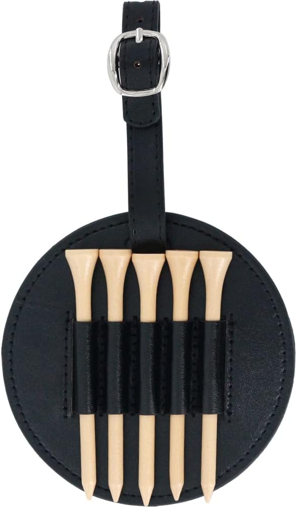 Leather Golf Tee Holder with 5 Wooden Tees 3-1/4 Inch Hook for Golf Bag Strap Hanging