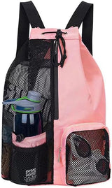 Large Mesh Gym Bag with Waterproof Compartment - Beach & Festival Backpack with Wet/Dry Separation