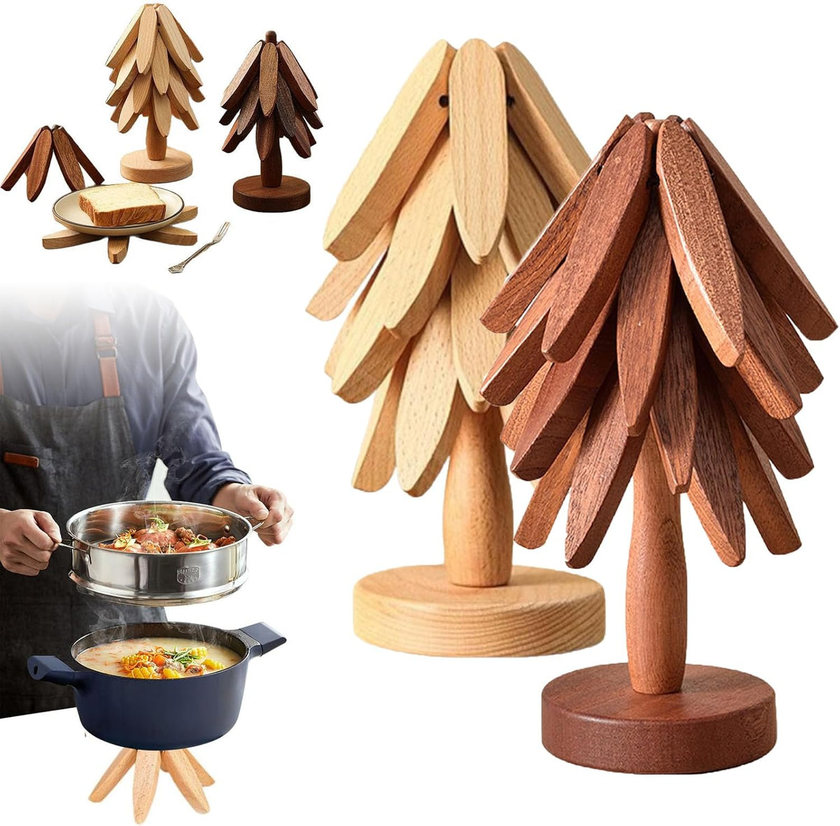 2-Piece Foldable Christmas Tree Design Pot Holders Set Decorative Heat Resistant Trivets with Holder for Hot Pans