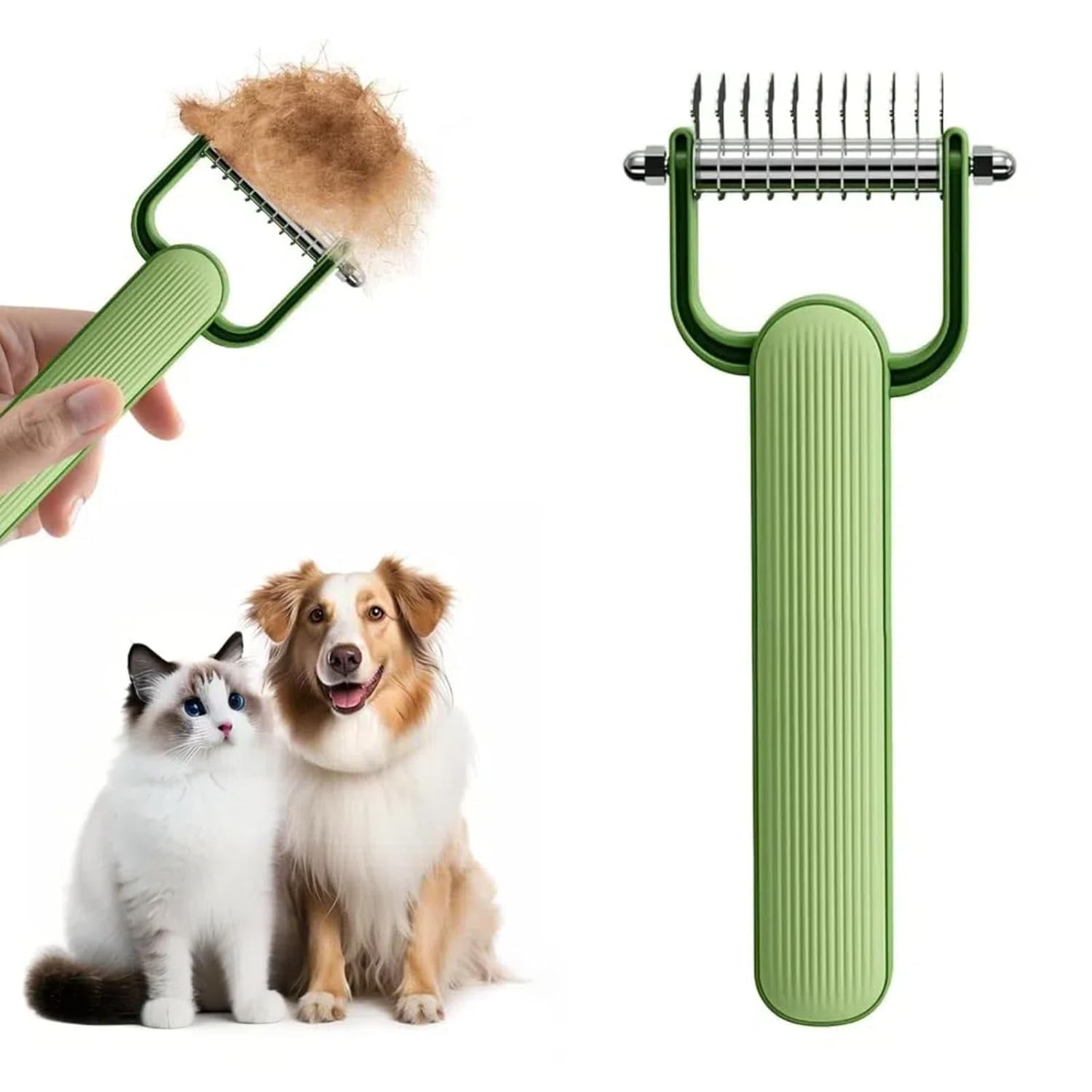 Double-Sided Pet Brush for Dogs & Cats - Green - Undercoat Comb with Non-Slip Handle - Removes Tangles & Loose Hair - 1 Piece