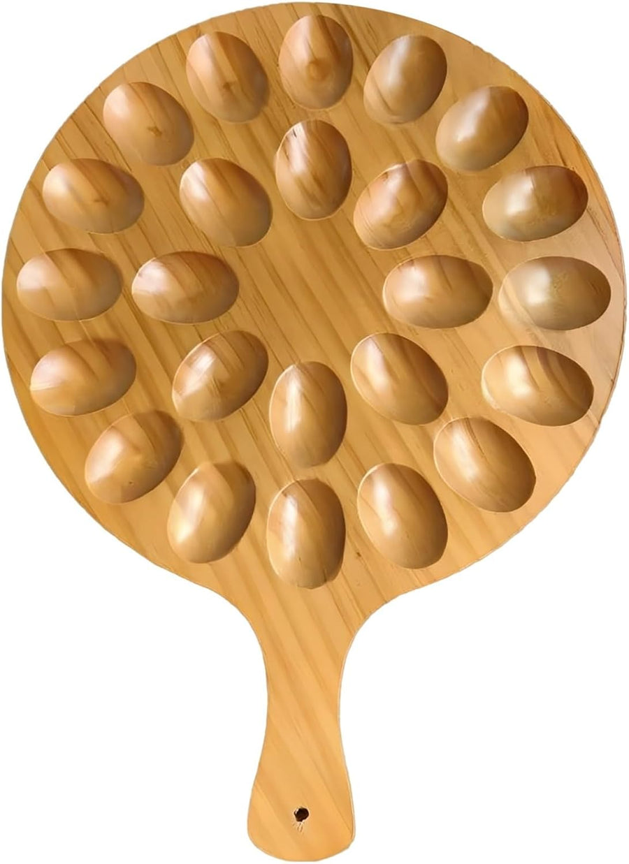 Round Wooden Serving Tray with Handle 24 Holes for Storing Deviled Eggs Sustainable Wood Design
