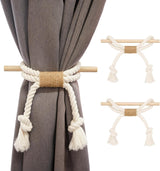 2 Pack White Curtain Tiebacks with Pine Wood Rod Holder Natural Cotton Linen Rope No Drilling Easy Installation for Rustic Style Homes