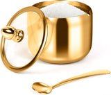 Gold Sugar Bowls with Glass Lids and Spoons 10 oz Set for Coffee Bar Kitchen Storage of Salt Candy Coffee Beans