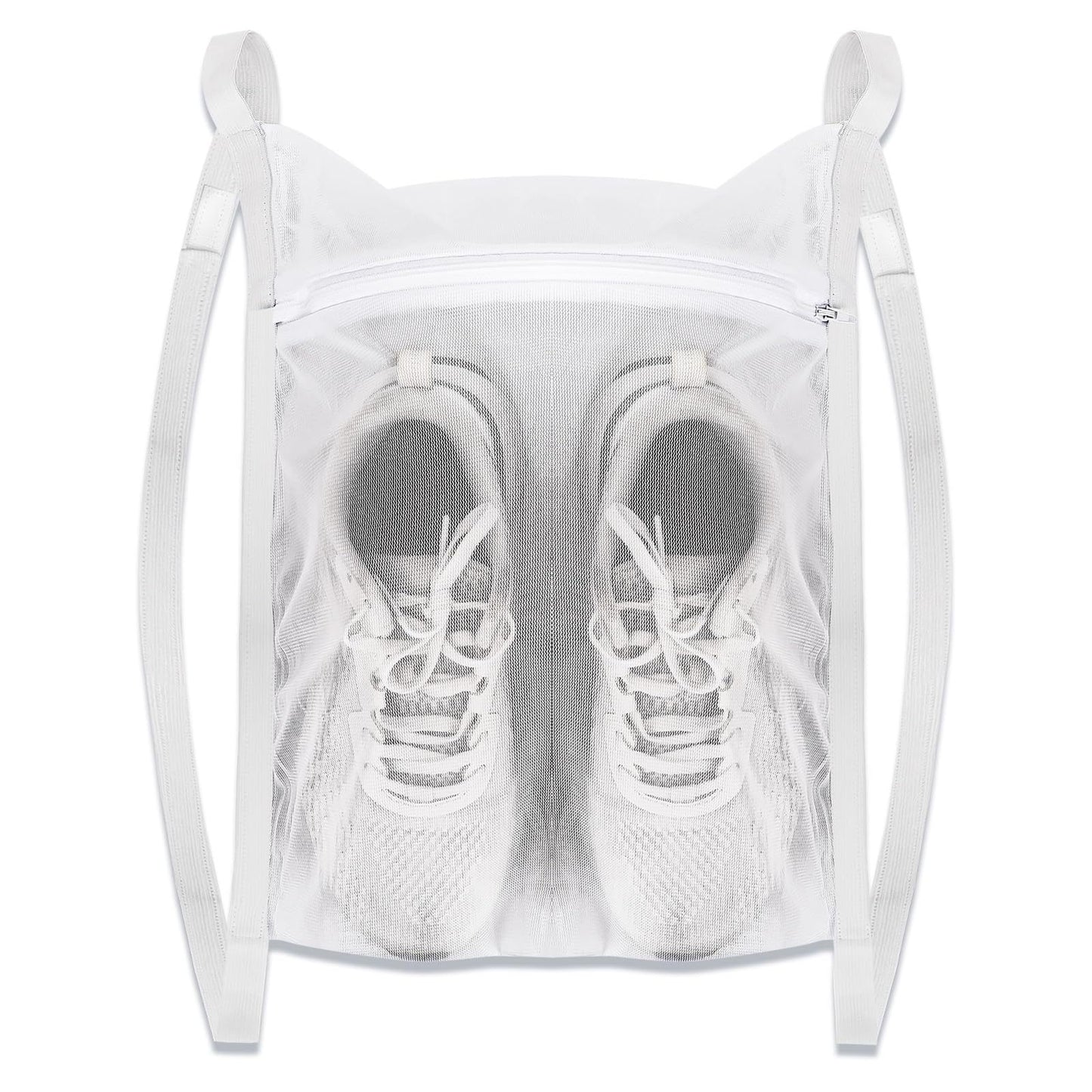 White Sports Shoe Washing and Drying Mesh Bag with Zipper and Straps - Durable Honeycomb Net Bag for Shoes Clothing Laundry - Reusable