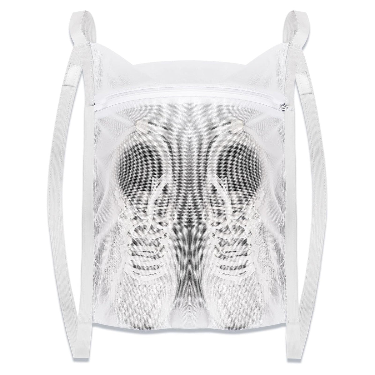 White Sports Shoe Washing and Drying Mesh Bag with Zipper and Straps - Durable Honeycomb Net Bag for Shoes Clothing Laundry - Reusable