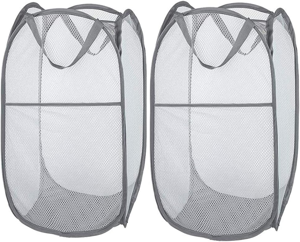 2 Pack Foldable Mesh Laundry Baskets with Reinforced Handles Grey Portable for Home Travel Student Use