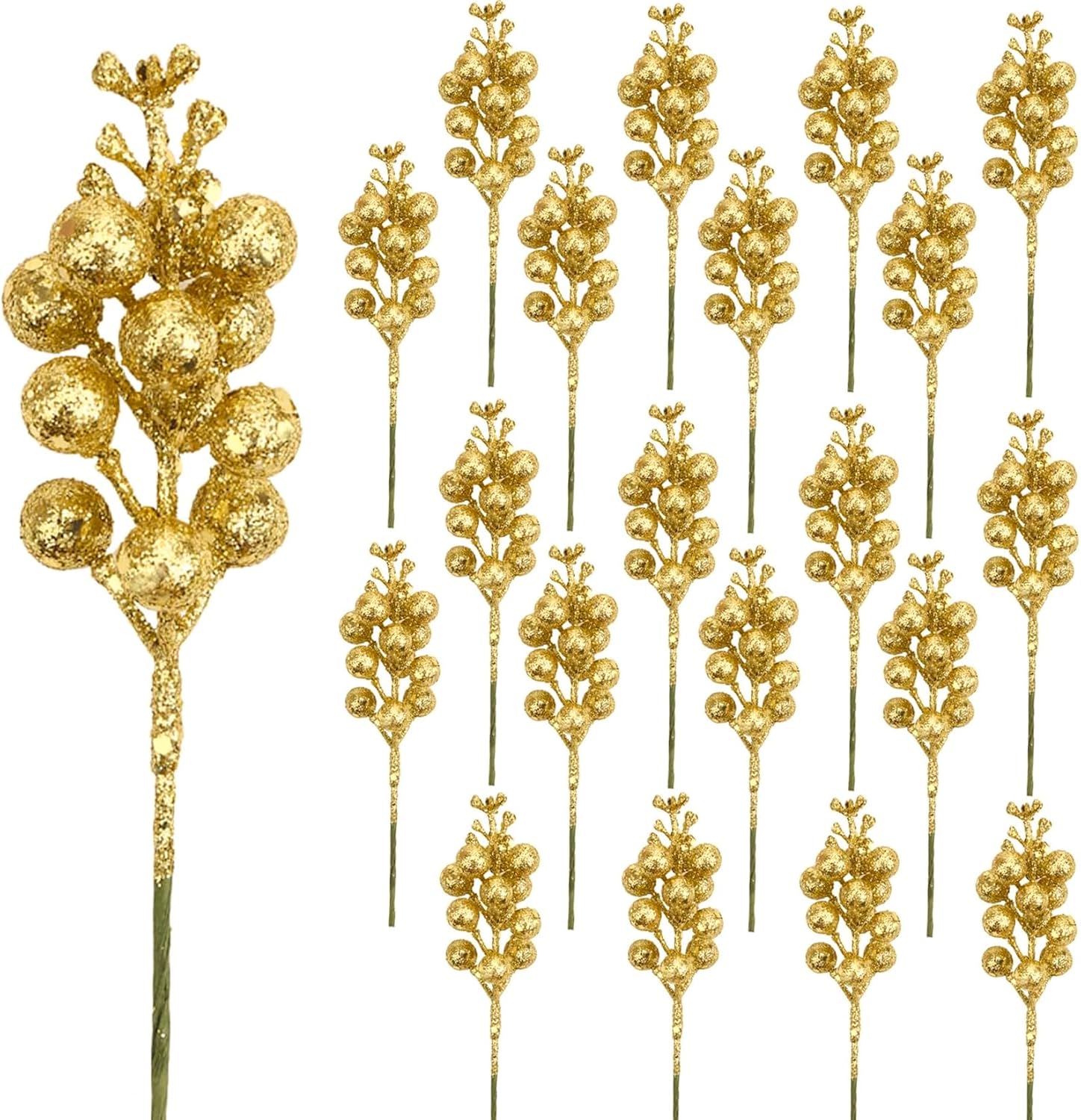 20 Gold Glitter Berry Ornaments Christmas Tree Decorations Artificial Xmas Tree Filler DIY Wreath Festive Home Decor