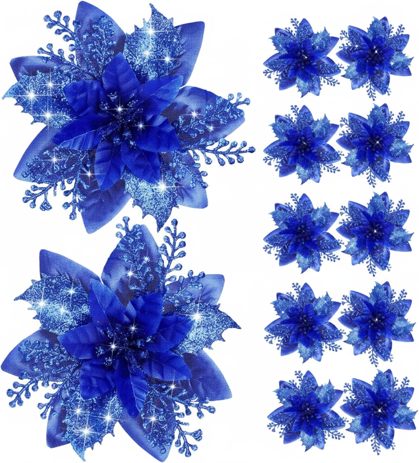 12 Piece Royal Blue Christmas Decorations Set with Glitter Artificial Flowers Clips for Tree Wreaths Home Festive Ornaments