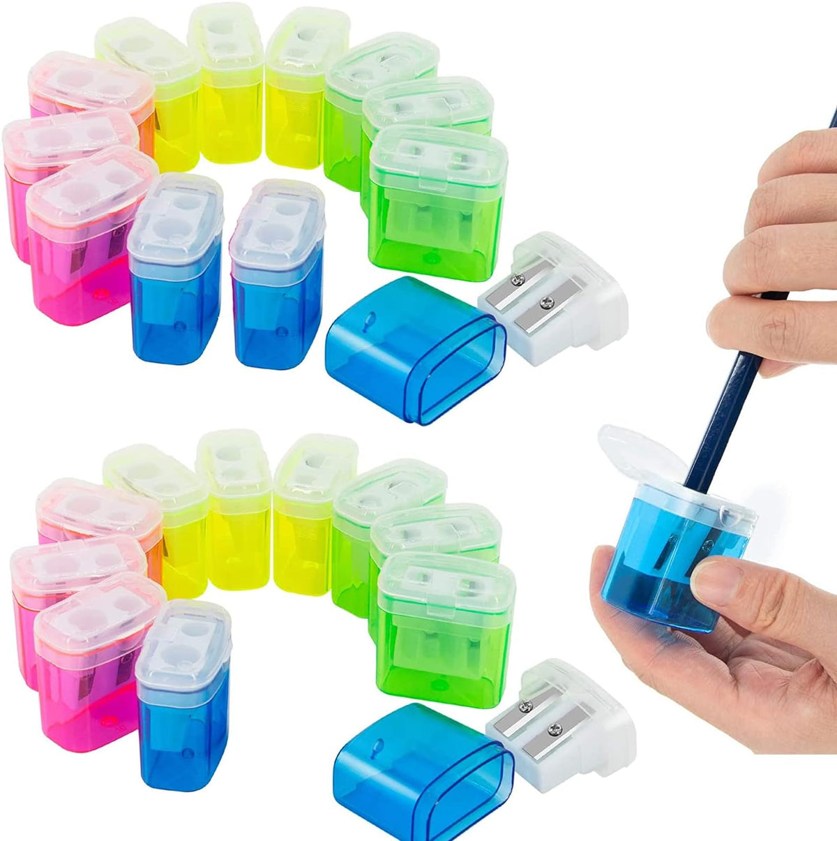 24 Pack Kids Pencil Sharpeners Small Handheld Dual Hole with Lid for Children Students