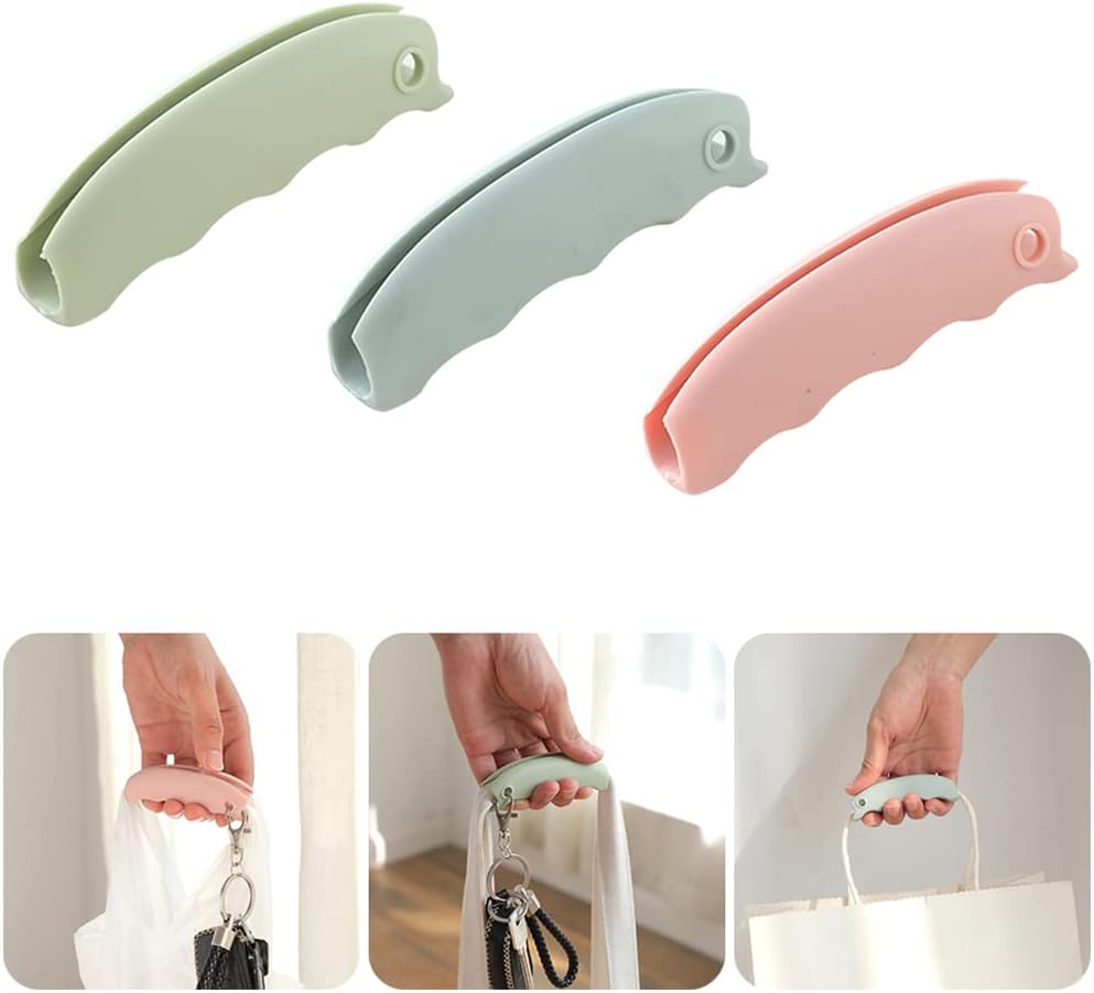 3-Piece Shopping Bag Handles Set - Blue Green Pink - Soft Padded Silicone Grips with Keyhole - Anti-Slip Comfortable Kitchen Gadget for Easy Shopping