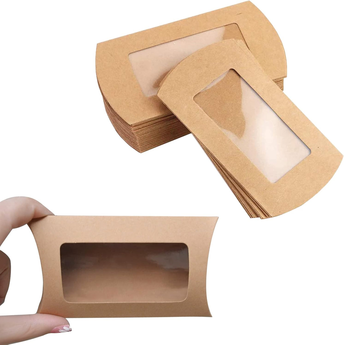 40 Pack Brown Kraft Paper Pillow Boxes with Clear Window for Cookies Candy Chocolate Jewelry Weddings Party Favors Gift Packaging