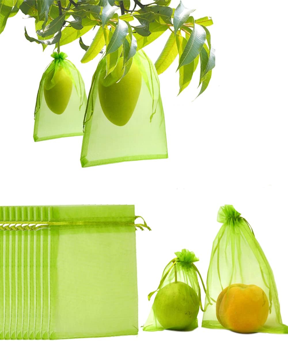 100 Pack Army Green 7x5 Inch Drawstring Mesh Bags for Potatoes Fruit Vegetables Plants Flowers Protection