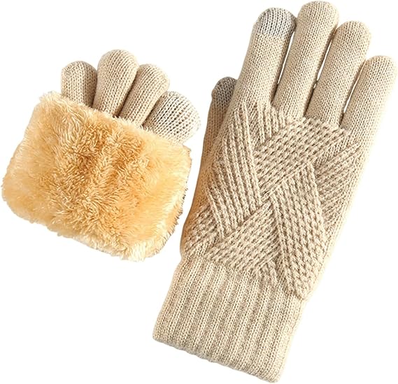 Unisex Beige Winter Running Gloves with Thick Fleece Lining for Warmth
