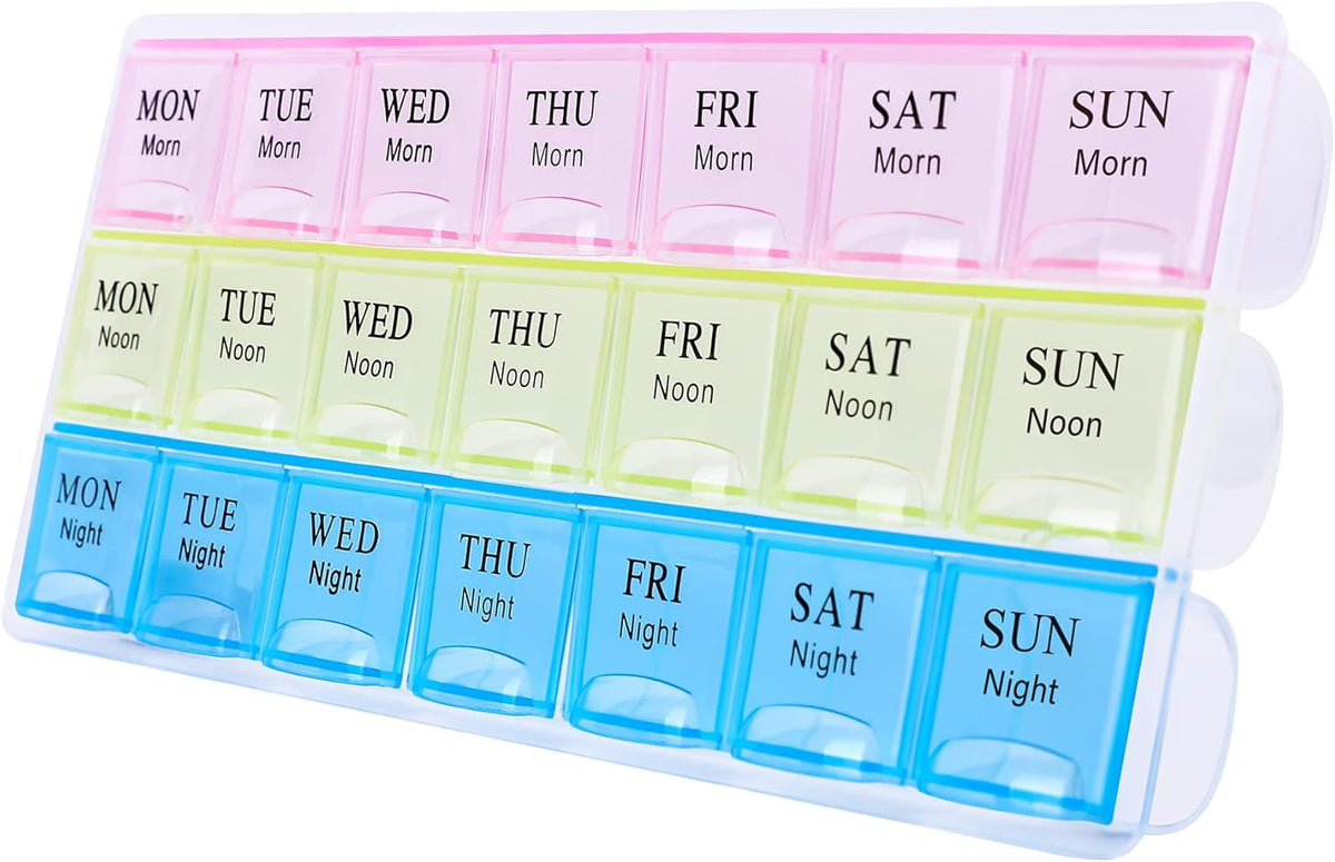 7 Day Pill Organizer 3 Compartments AM PM Evening 21 Slot Weekly Medication Storage Box