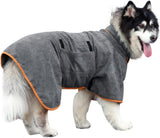 Dog Bathrobe - 1 Piece - Size M - Grey with Orange Piping - Absorbent Dog Towel - Adjustable Strap Dog Robe - Pet Drying Coat