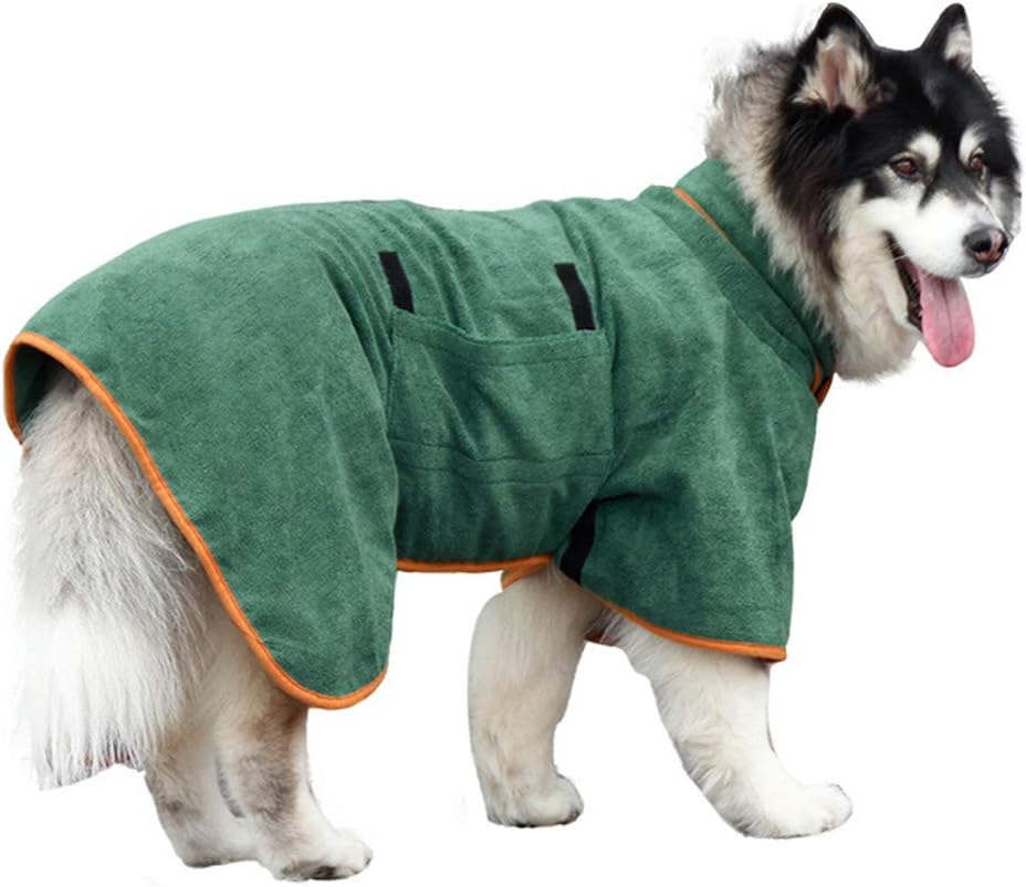 Green Dog Bathrobe with Orange Piping Size S - Adjustable Strap Pet Towel for Dogs