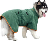 Dog Bathrobe - Size M - Green with Orange Trim - Absorbent Pet Towel with Adjustable Strap