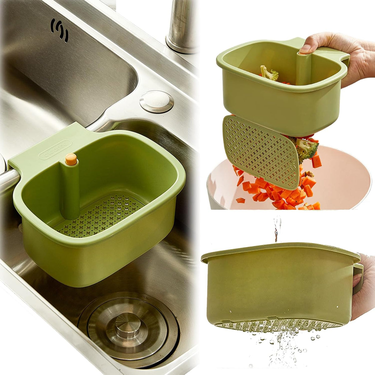 Green Multi-Functional Hanging Food Strainer for Sinks One Touch Release Screen Auto-Dump Kitchen Waste Filter Fruit Vegetable Washer