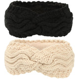 Winter Knitted Ear Warmers Headband - Beige and Black - Warm - One Size - 2 Pack