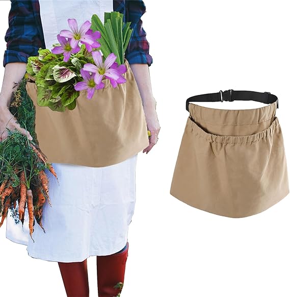 Adjustable Garden Apron with Pockets - Reusable Harvest Pouch for Fruit Picking - Portable Khaki Garden Tool Bag