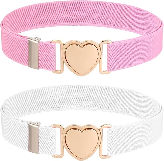 2 Pack Kids Elastic Belts with 1-Click Heart Buckle - Super Soft Adjustable Waistband for Toddlers & Girls - Easy to Use Self Fastening Design