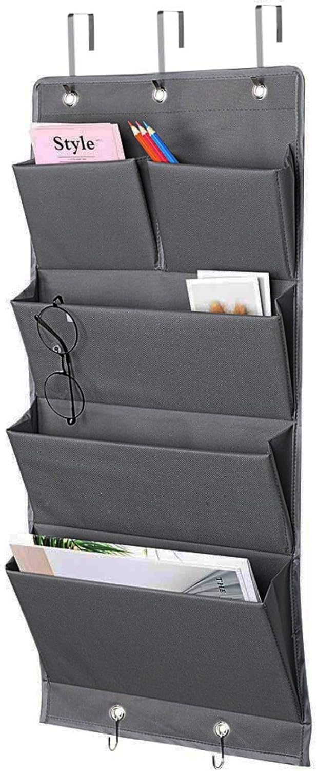 Over Door Organizer 5 Pocket Hanging Storage Bag Grey Wall Mounted Space Saving Organiser