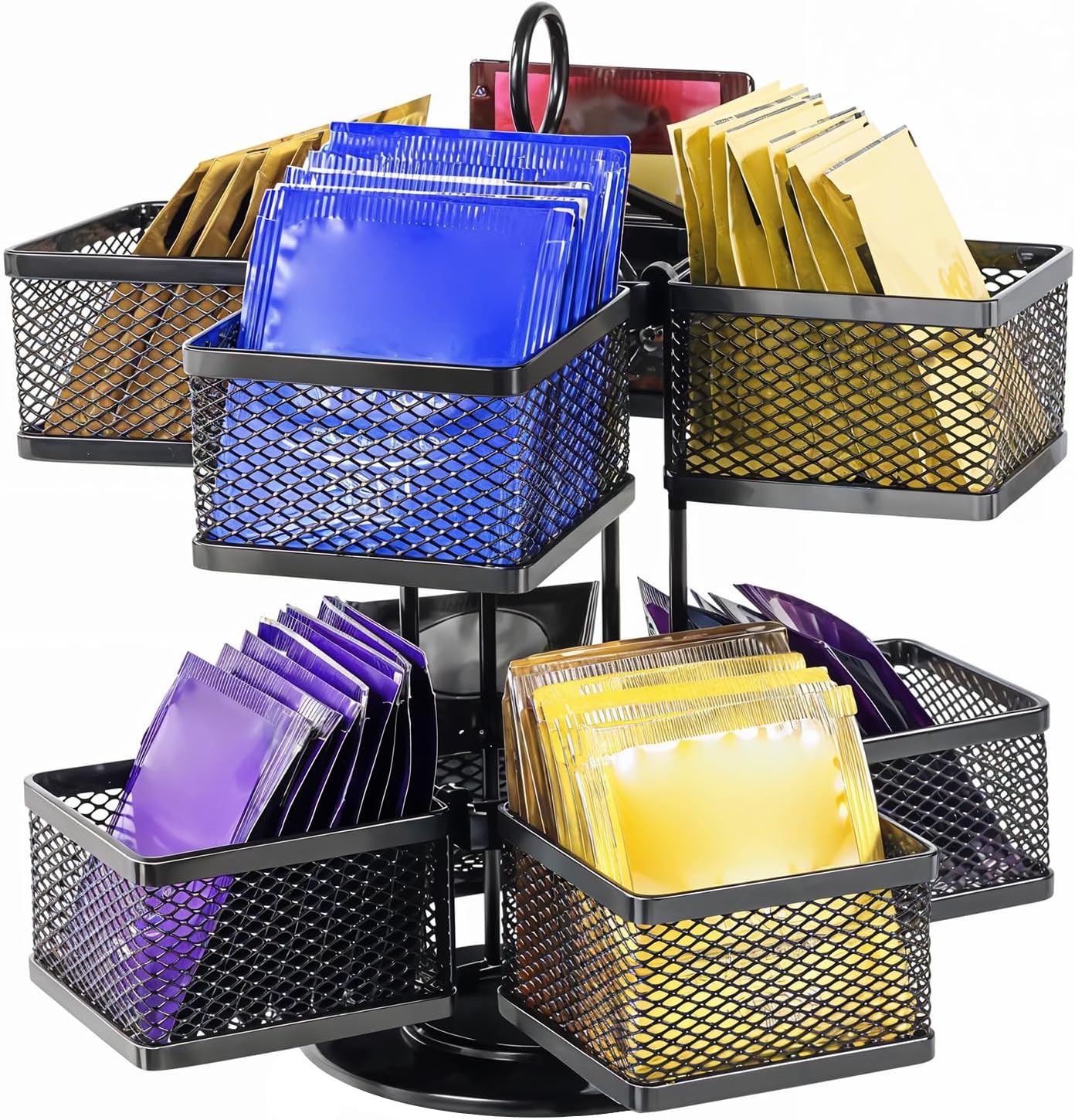 Rotating Tea Bag Organizer for 96 Sachets - Black Metal Revolving Tea Storage Holder - Luxury Kitchen & Office Gift
