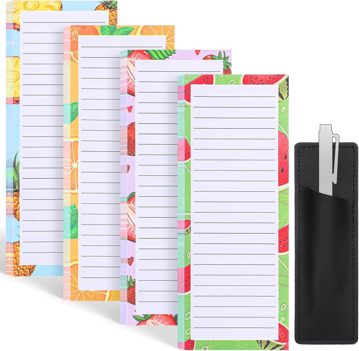 Magnetic Fruit Design Notepads 4 Pack 200 Sheets with Pen Holder for Refrigerator Grocery List