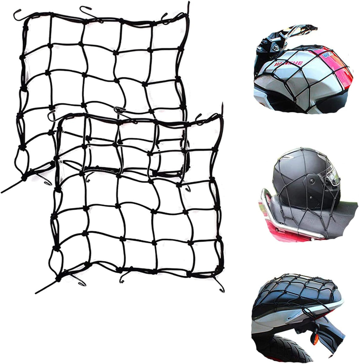 2 Pack 40x40cm Elastic Motorcycle Cargo Net with 6 Anti-Scratch Hooks for Scooter Helmet Storage - Black