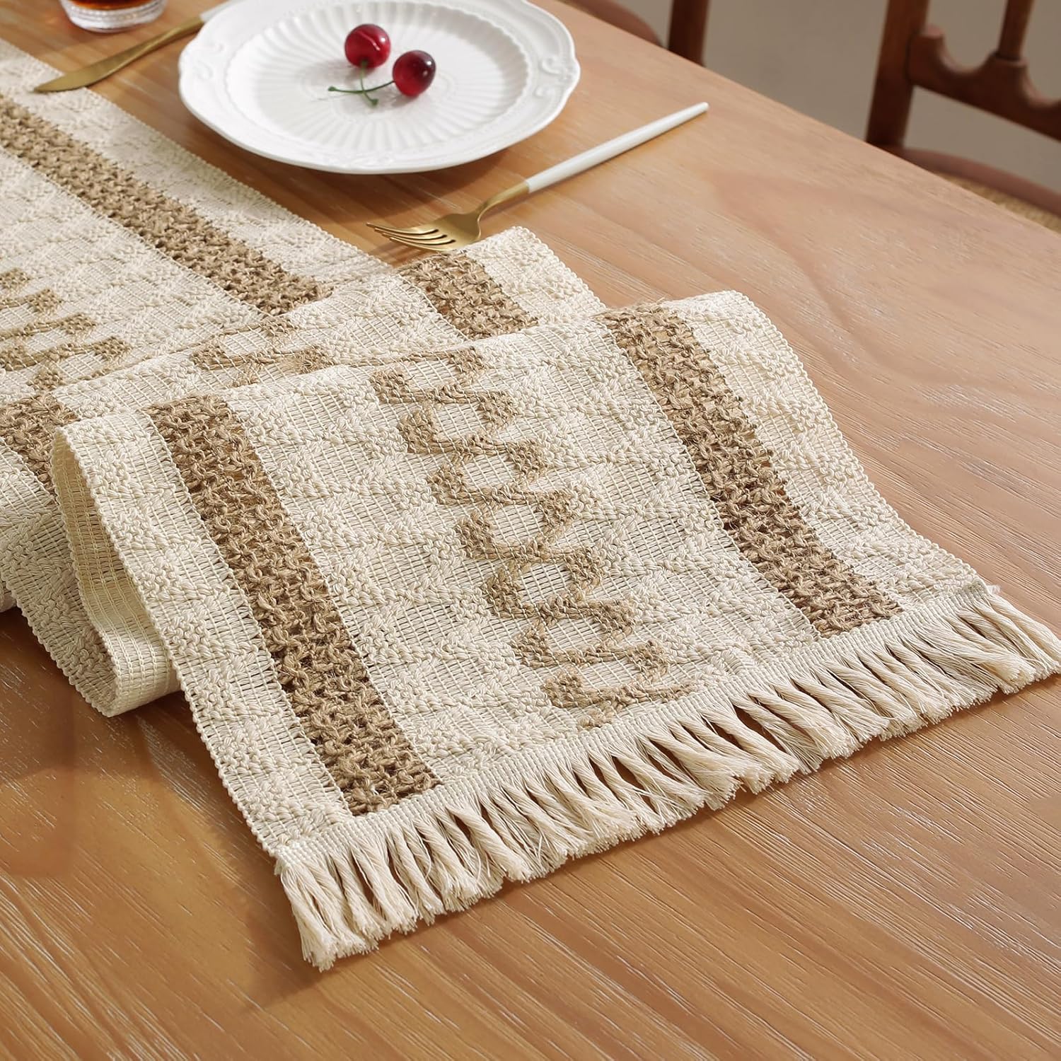 Boho Style Cotton Linen Table Runner 30x180cm Brush Design Durable Brown