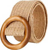 Women's Braided Elastic Belt with Wooden Buckle 103cm Khaki for Vacations Parties Daily Use