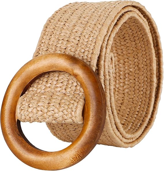 Women's Braided Elastic Belt with Wooden Buckle 103cm Khaki for Vacations Parties Daily Use