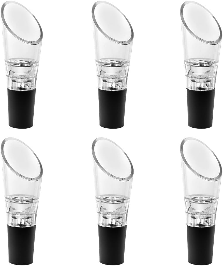6 Piece Black Wine Pourers with Conical Silicone Stopper Silicone Seal and Aeration Function