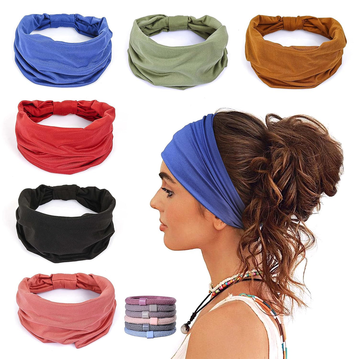 6 Pack Women's Sports Headbands Sweat Absorbent Elastic with Hair Ties for Yoga Fitness