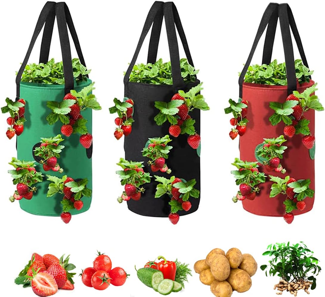3 Pack Hanging Strawberry Planter Bags with 12 Holes Reusable Felt Grow Bags for Vegetables Herbs Flowers Ideal for Garden Balcony 20x37cm