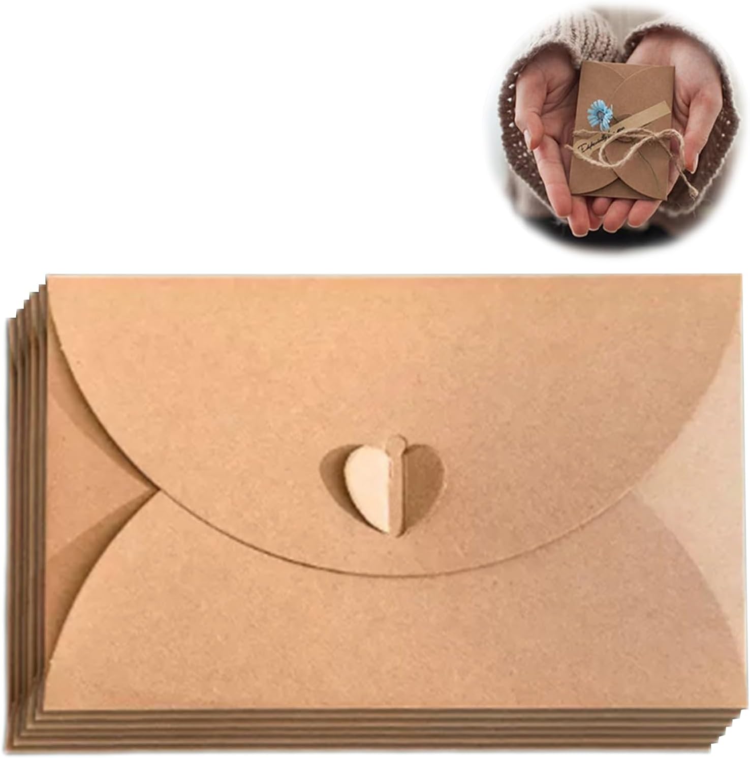 10 Pack Brown Kraft Paper Envelopes with Heart Closure 10.5x7 cm