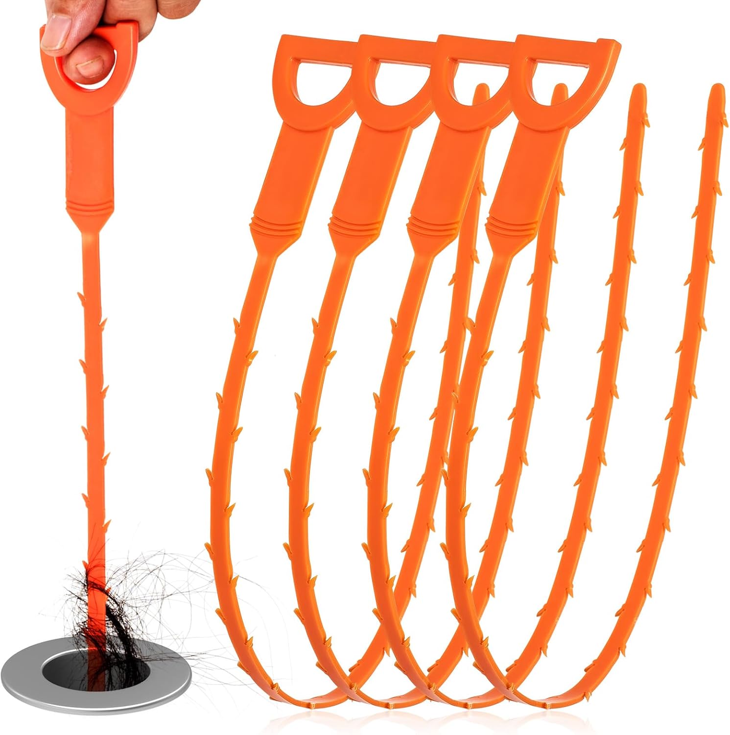 4 Pack Orange Drain Unblocker Flexible Reusable Hooks for Kitchen Bathroom Toilet Sink