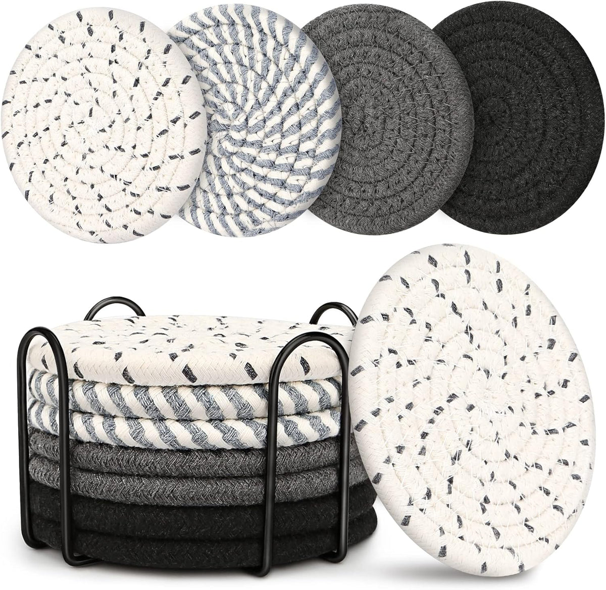 8-Piece Glass Coasters Set with Metal Holder 4 Colors Handmade Cotton Linen Heat Resistant Absorbent Kitchen Dining Table Gift