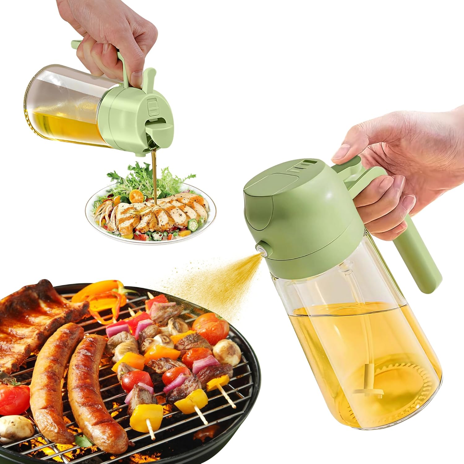 2-in-1 Olive Oil Spray & Pour Bottle 470ml Glass Dispenser for Cooking BBQ Kitchen