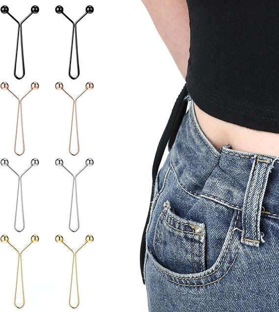 8-Pack Waistband Clips with Hook - Adjustable Waist Tightener for Pants - No Belt Needed